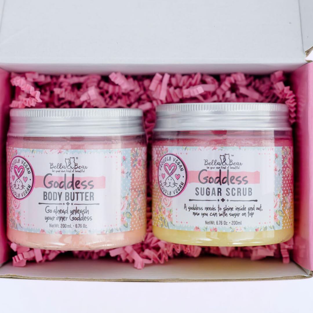 Bella & Bear Gift Set - 3-in-1 Body Scrub & Goddess Body Butter in Glossy Pink Box - Vegan, Cruelty-Free, Mango-Pineapple-Coconut Scent
